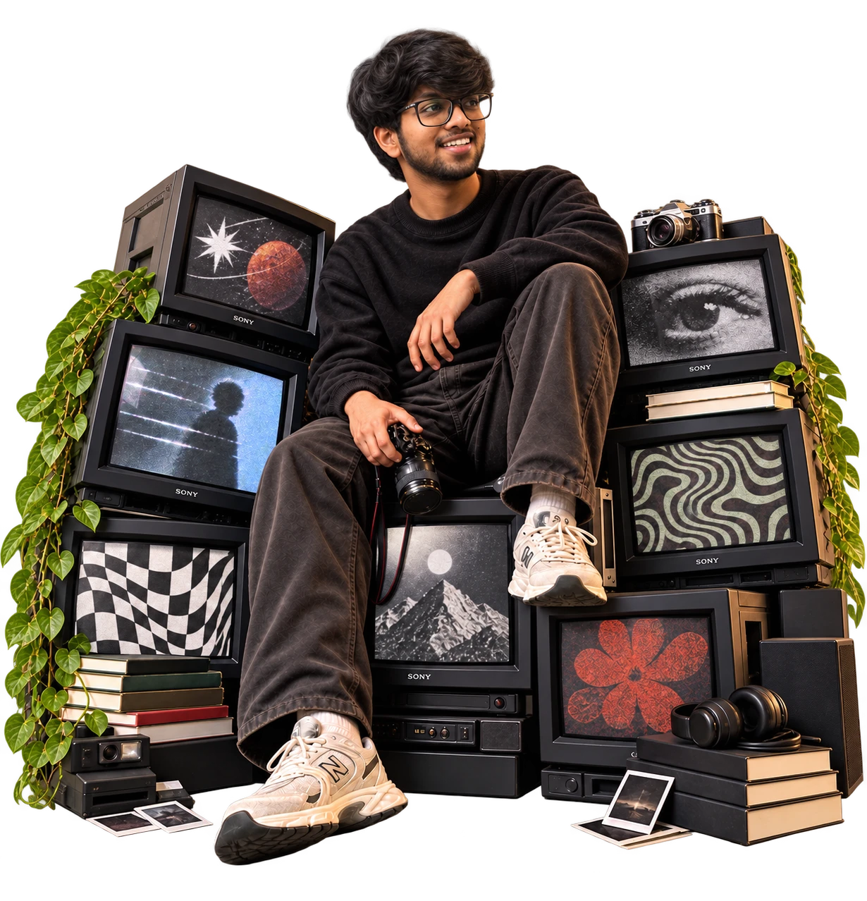 Naityik seated among screens, books, cameras and plants