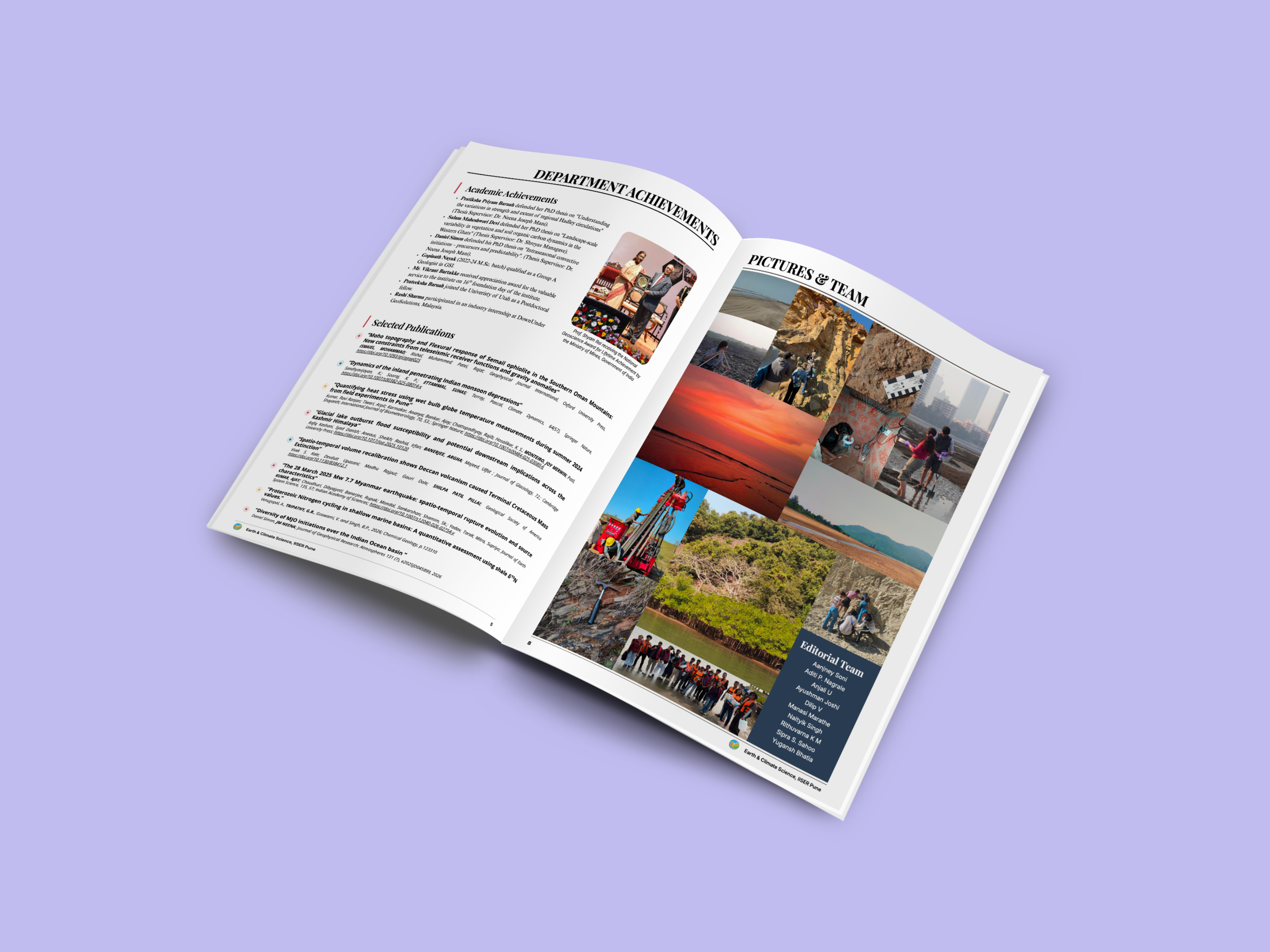 GeoPulse department achievements and pictures spread on a lavender backdrop