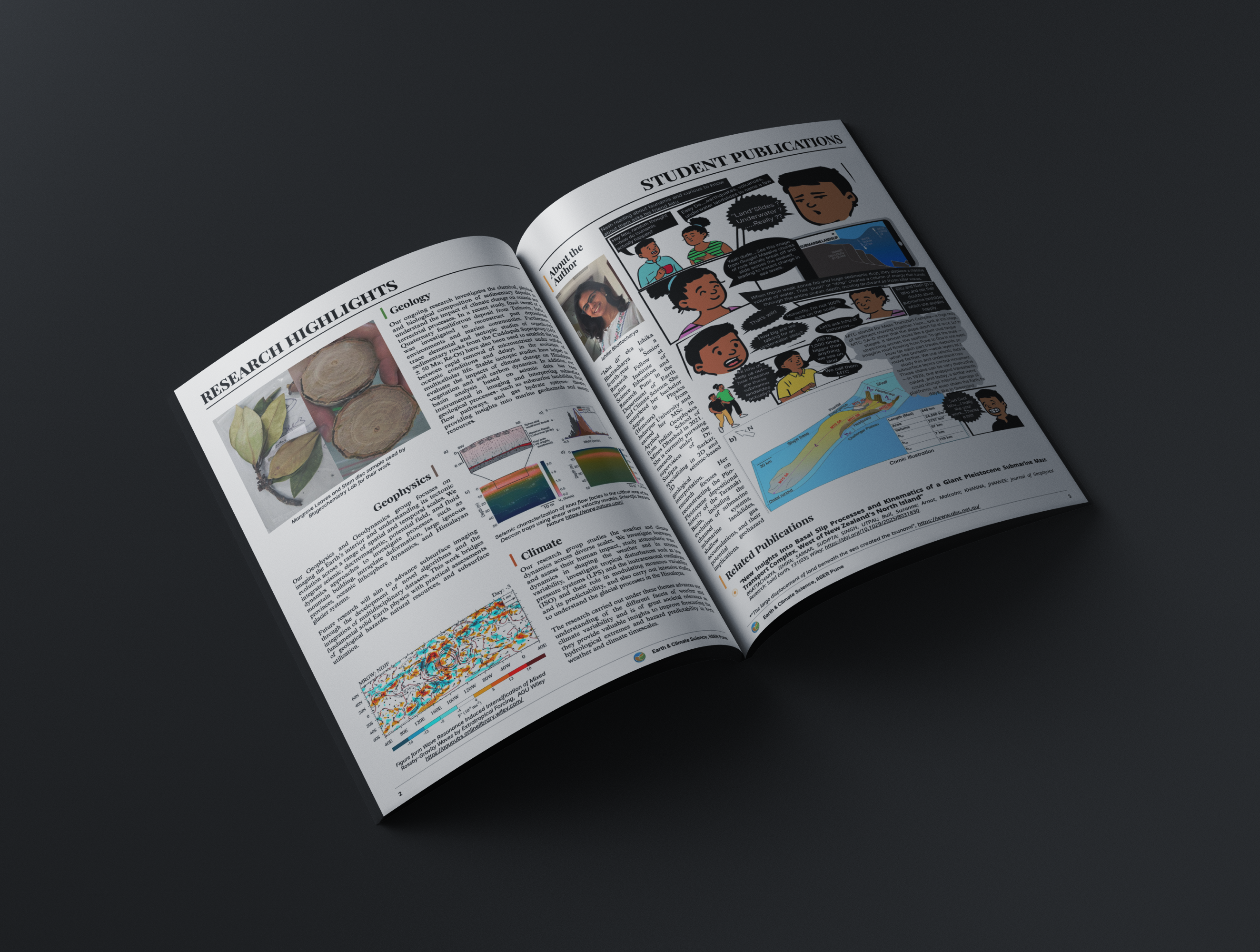 GeoPulse open-book mockup showing research highlights and student publications on a dark backdrop