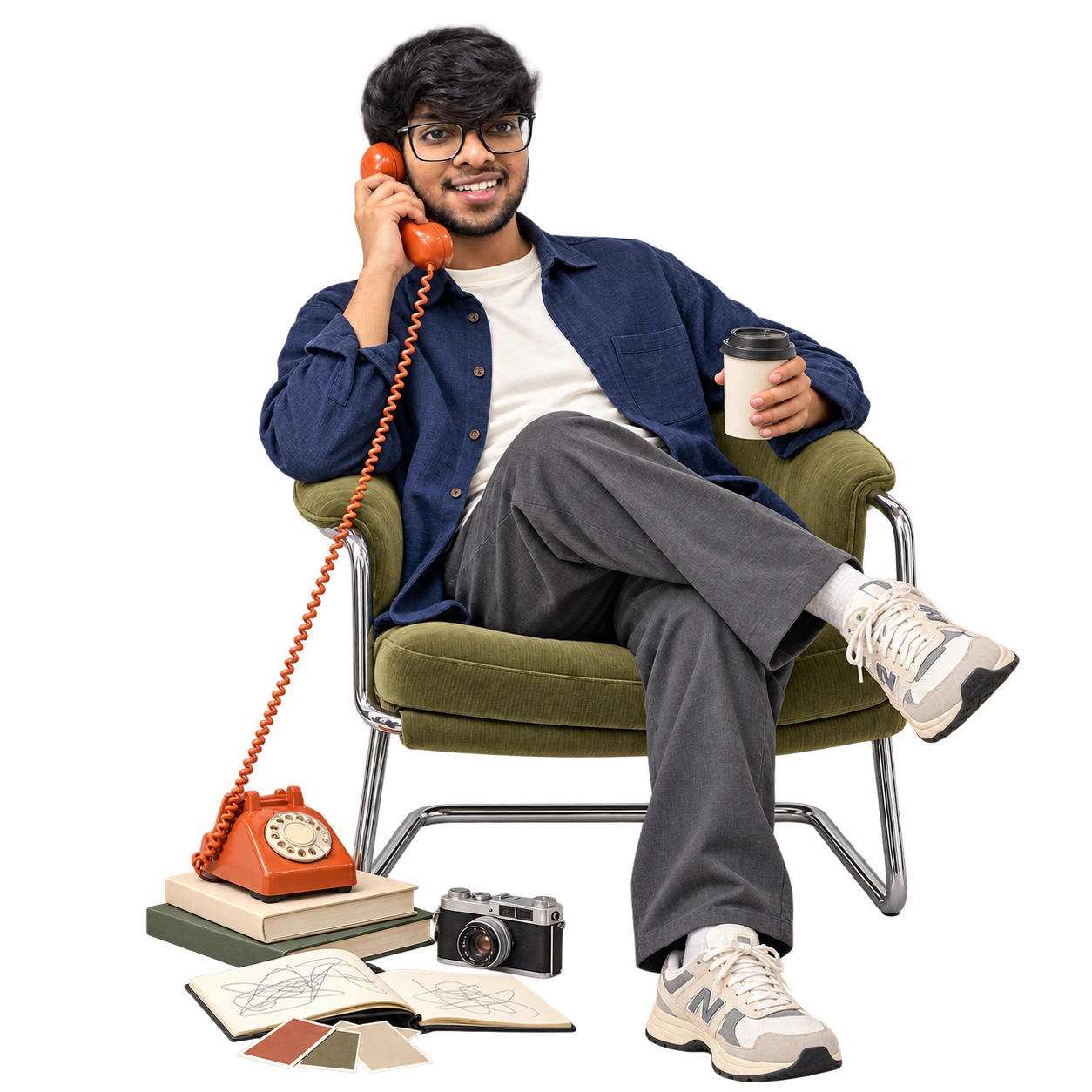 Naityik sitting in an olive chair, holding an orange telephone and a coffee, with books and a camera beside him