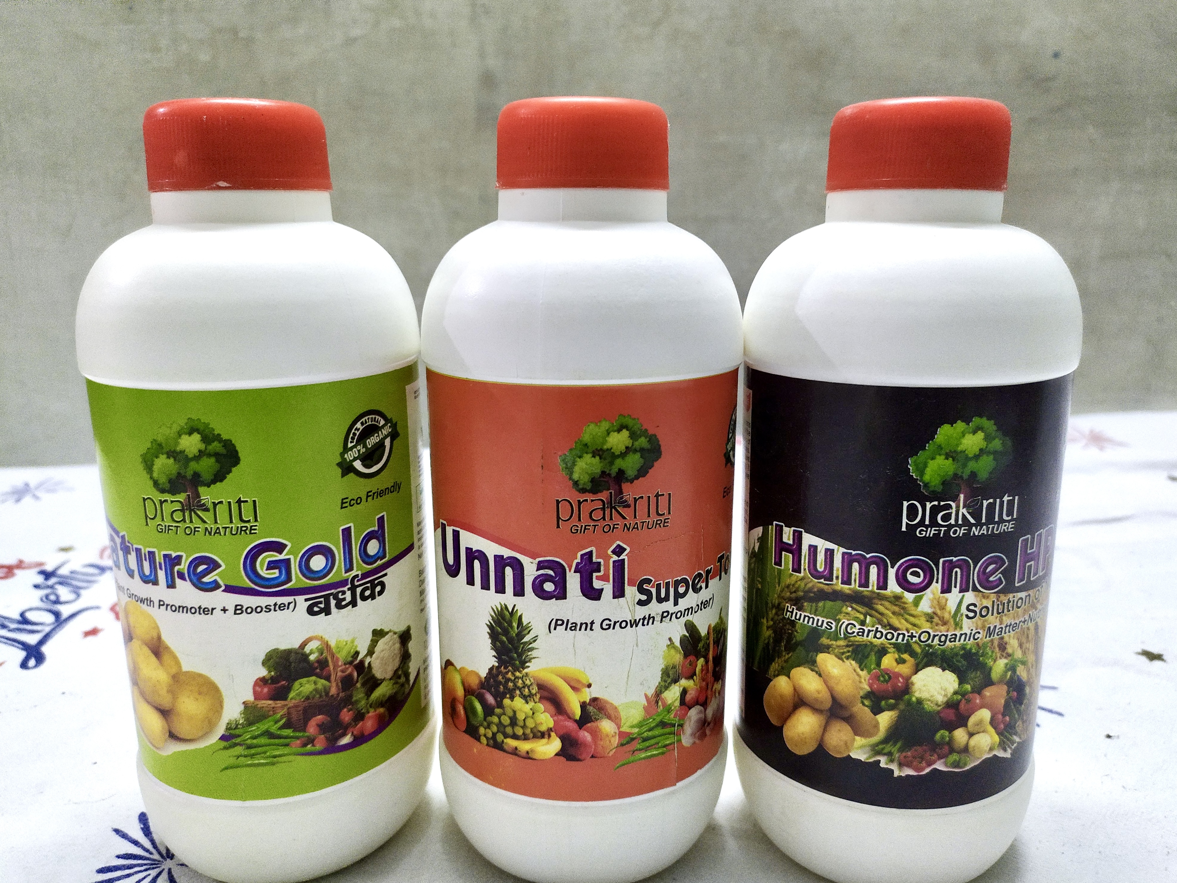Nature Gold, Unnati and Humone bottles