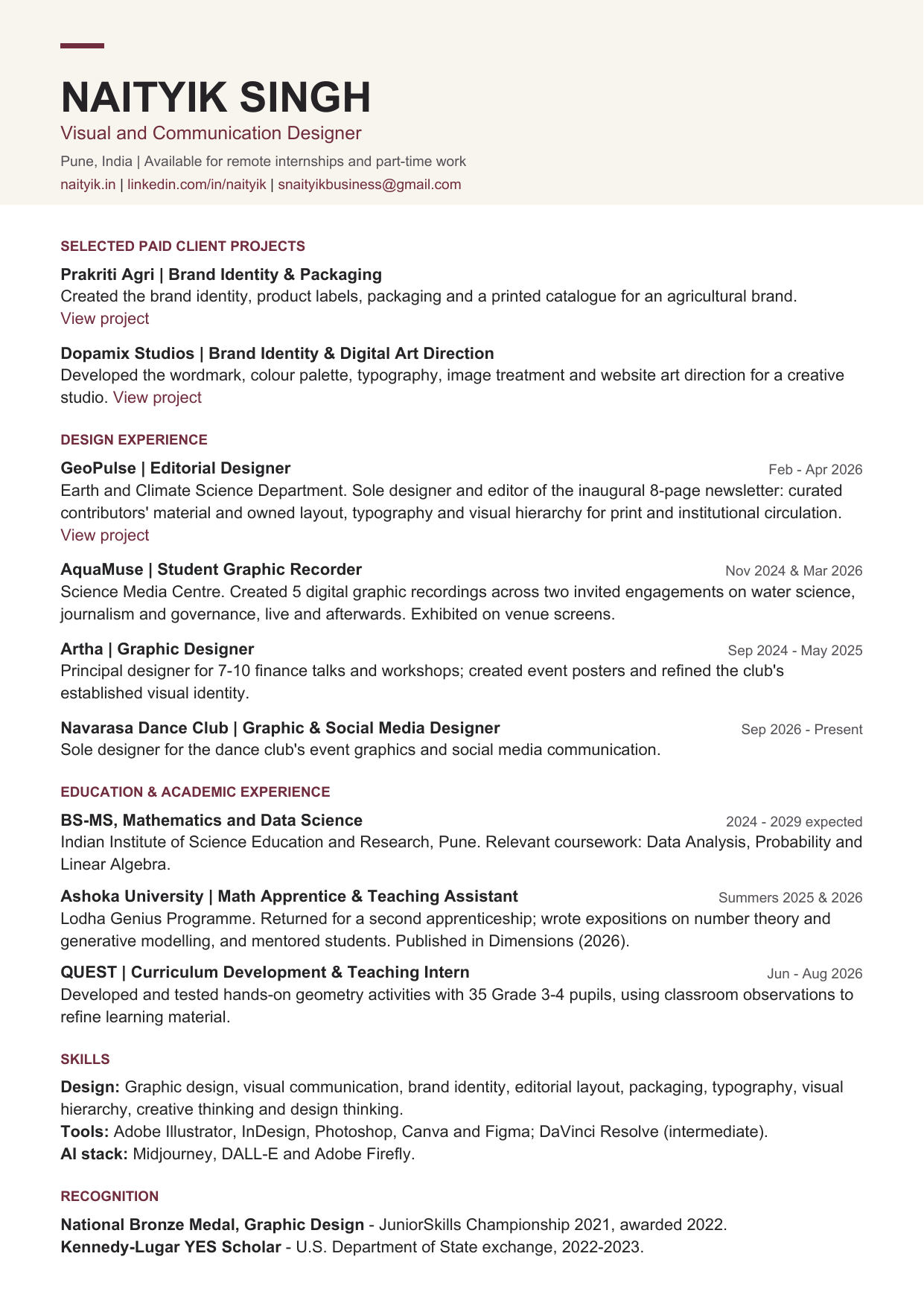 Full-page preview of Naityik Singh’s design CV