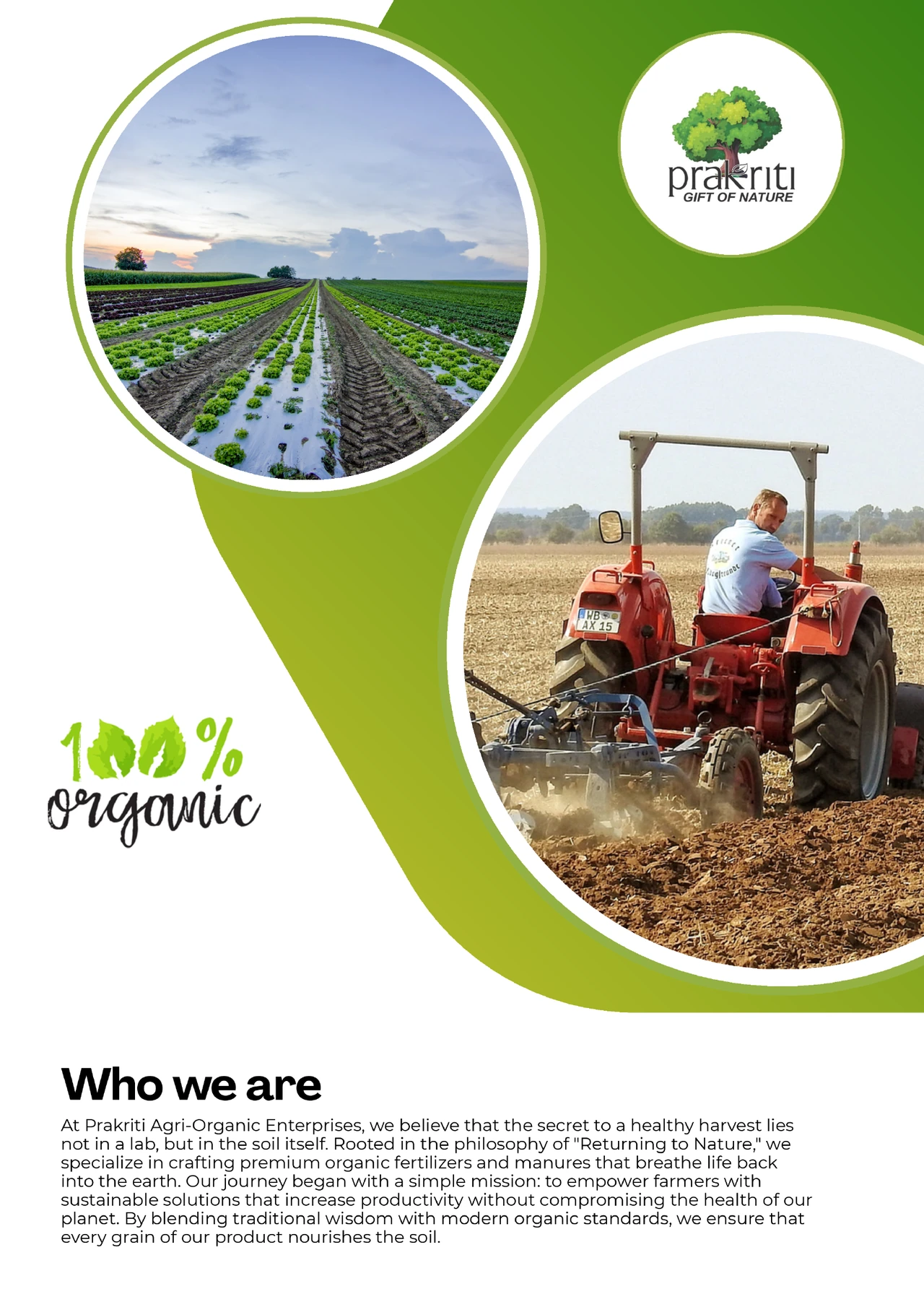 Prakriti catalogue page introducing the company and its agricultural work.