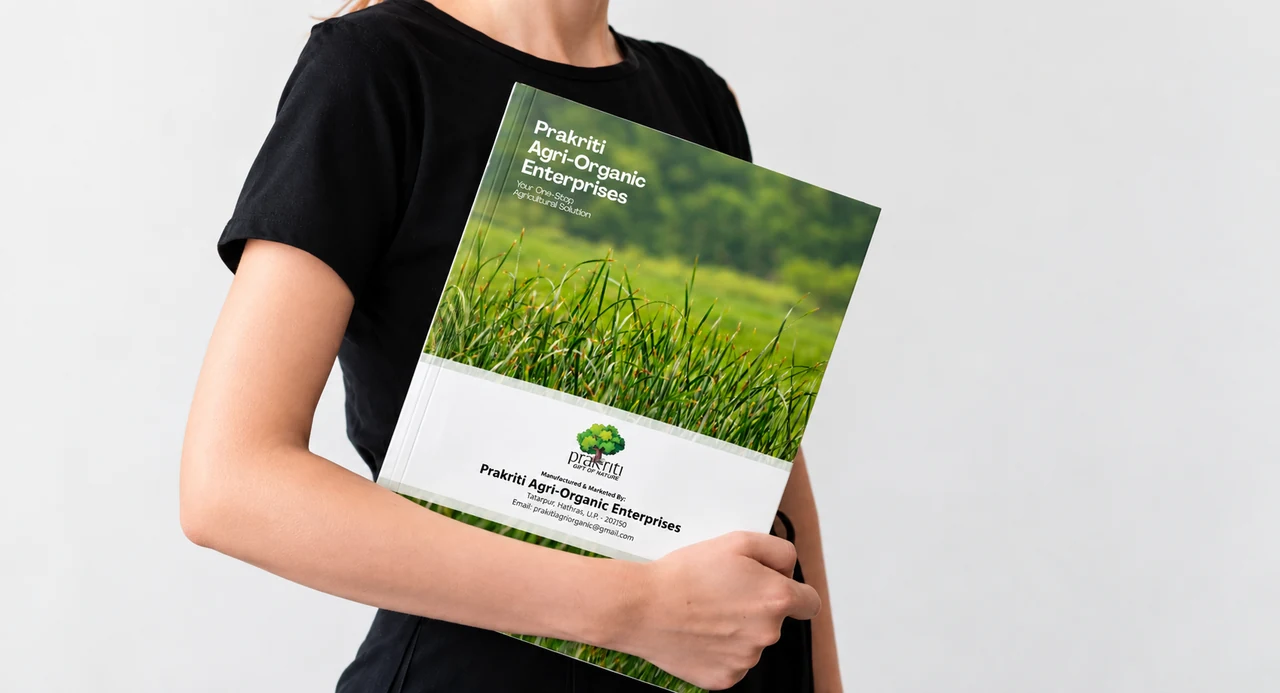 Back cover of the Prakriti catalogue held against a black shirt.
