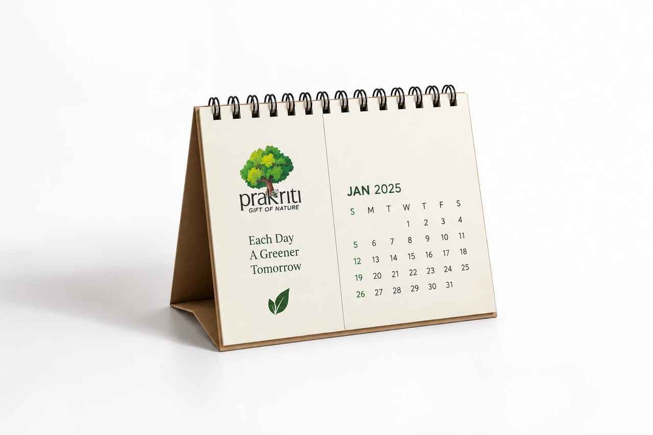 Prakriti branded desk calendar with the line Each Day A Greener Tomorrow.