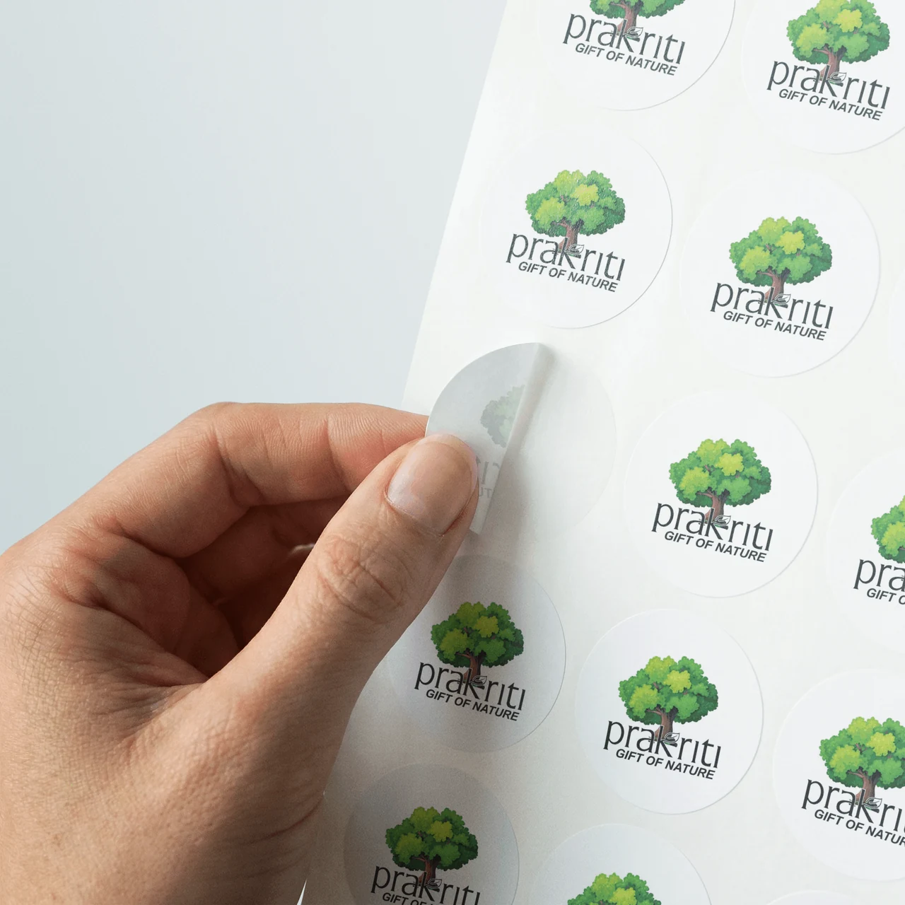 A sheet of round Prakriti logo stickers with one sticker being peeled away.