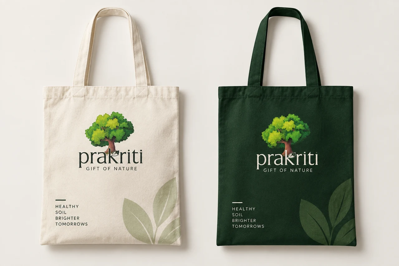 Two Prakriti branded tote bags in natural canvas and dark green.